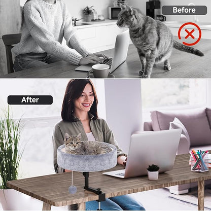 Cat Desk Bed - 360° Rotating & Adjustable, Supports 50 lbs, Soft Faux Fur with Dual-Sided Reversible Mat, Modern Indoor Cat Nest Furniture for Office Desks and Game Tables, Island Table