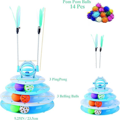 Vealind Cat Toy Roller 4-Level Turntable Cat Toys Balls with 14 Pcs Colorful Pom Pom Balls Interactive Fun Mental Physical Exercise Puzzle Kitten Toys (Blue)