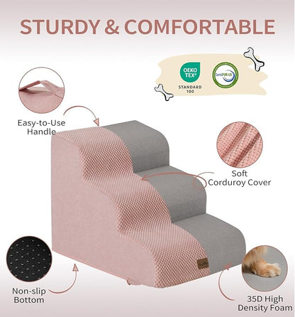 Made4Pets Dog Stairs Ramp for Small Dogs 15.7" H, 3-Step Dog Steps for Bed Couch Sofa and Chair, 35D Foam Pet Steps for Small Dogs and Cats, Non-Slip Bottom Pet Stairs, Pink