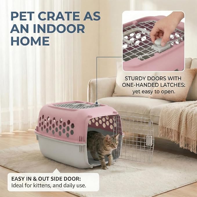 Hard-Sided Pet Carrier for Dogs and Cats | 24-Inch Top-Load Travel Kennel with Double Door Entry | Heavy-Duty Plastic Crate for Vet Visits & House Training, Pink/Gray, Up to 30 lbs Capacity