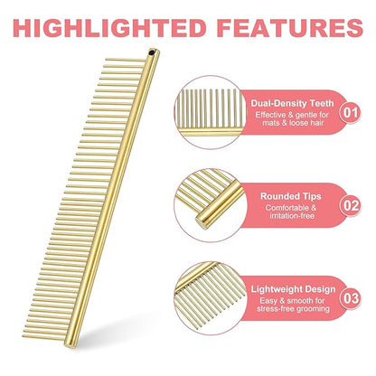 Dog Cat Comb, Pet Combs Stainless Steel Teeth with Rounded Ends for Knots Mats Loose Hair Removal, 6.5IN (Gold Plated, 3 Pack), Grooming Tool Intended for Long Curly Hair Pet