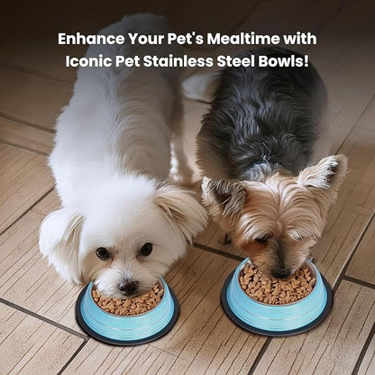 Iconic Pet Color Splash Stripe Non-Skid Stainless Steel Dog & Cat Bowl - Blue, 16 Oz, 2 Cup, Durable, Easy to Clean, Anti-Slip Feeding Dish for Food & Water, Stylish Design for Dogs and Cats