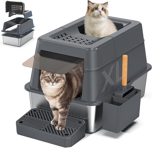Stainless Steel Litter Box with Lid, XL Extra Large Enclosed Cat Litter Box Fits All Cats Modular Design with Flip Cover, Top Entry Metal High Sided Cat Box & Pedal & Scoop (Dark Grey)