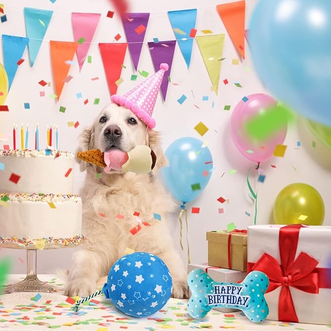 Prime Pets Dog Birthday Toys, 3 Pack, Crinkle Squeaky Dog Toys, Pet Toys for Small Medium Large Dogs, Stuffed Puppy Chew Toys, Dog Gift Toys