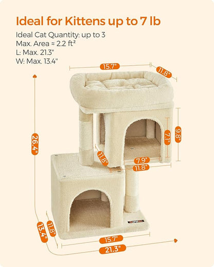 Feandrea Cat Tree, 26.4-Inch Cat Tower, Plush Condo for Kittens up to 7 lb, Large Perch, 2 Caves, Scratching Post, Beige UPCT611M01