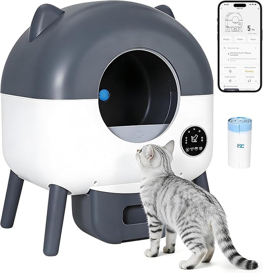 Self-Cleaning Cat Litter Box with Large Capacity and Automatic Cleaning, Smart Cat Litter Box with App Control, Automatic Litter Box Triple Safety Protection, 1 Rolls Garbage Bags, Dark Gray
