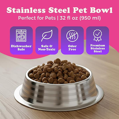 Stainless Steel Dog Bowls - Cat Bowls (Pack of 3) - Anti Skid & Non Tip Dog Water Bowl | Cat Water Bowl Set - Dishwasher Safe - 32 Oz - 950 ml - 23 cm Diameter (Elegant Silver Stripes)