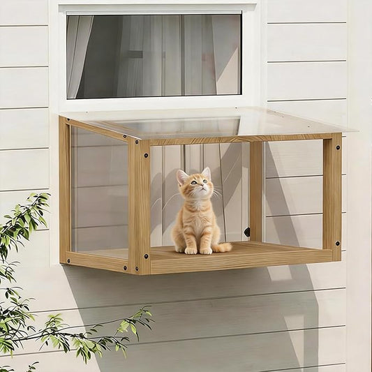 Wooden Cat Window Box, Sturdy Cat Perch Catio for 24-35 Inch Window, Window Catio for Indoor Cats for Pet Family, Fits Sunbathing Napping Overlooking, Easy Assemble, Natrual Wood
