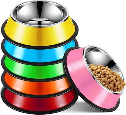 Roshtia 6 Pcs 7 oz Colorful Stainless Steel Dog Bowl Stackable Water and Food Cat Bowl Pet Dishes with Non Slip Silicone Base for Small Medium Dog Cat Kitten