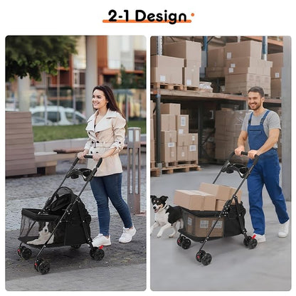 Foldable Pet Stroller for Small/Medium Pets up to 22 lbs - Lightweight 4-Wheel Design with Sun Canopy, Storage Bag & Breathable Mesh（Black