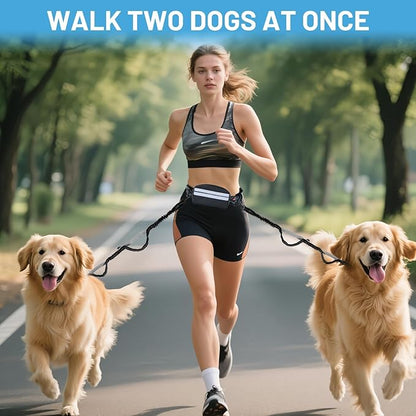 Hands Free Double Dog Leash No Tangle, Waist Leash for Dog Walking, Retractable Dog Leashes for Medium and Large Breeds-Pouch & Lumbar Support, Adjustable Waist Belt, Retractable Bungee,Padded Handles