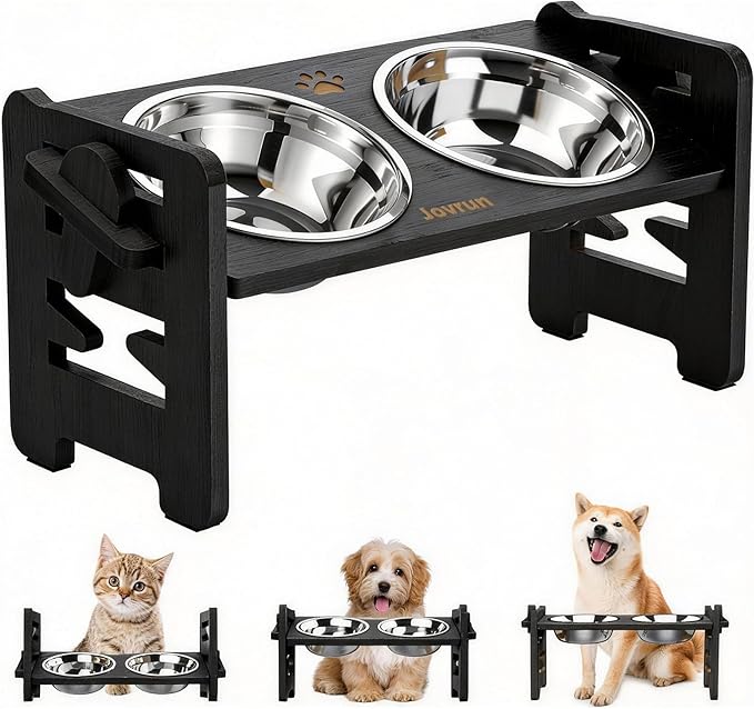 Elevated Dog Bowls, Adjustable Raised Dog Bowl Stand for Small Size Dogs and Cats, 15°Tilted Elevated Cat Bowls, Durable Bamboo Dogs Feeder with 2 Stainless Steel Bowls and Non-Slip Feet