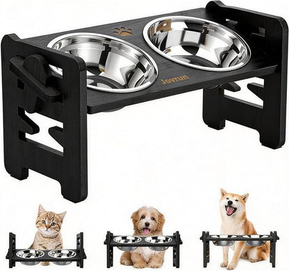 Elevated Dog Bowls, Adjustable Raised Dog Bowl Stand for Small Size Dogs and Cats, 15°Tilted Elevated Cat Bowls, Durable Bamboo Dogs Feeder with 2 Stainless Steel Bowls and Non-Slip Feet
