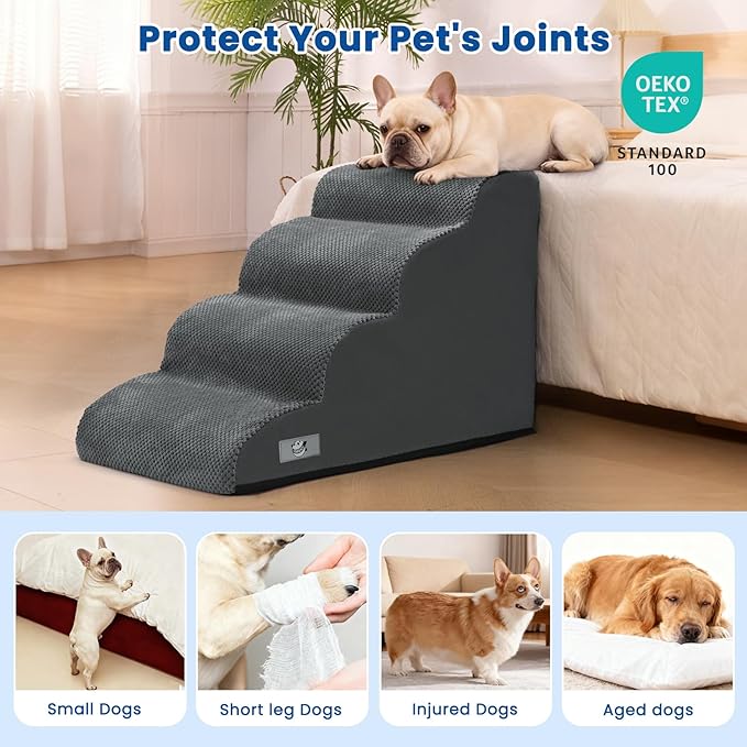 Dog Steps for Bed, 4 Step Pet Stairs for Small and Medium Dogs, Non-Slip Dog Ramp with Washable Cover, High-Density Support Foam for Easy Climbing,Grey