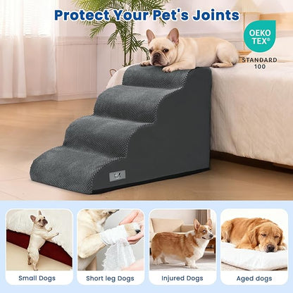 Dog Steps for Bed, 4 Step Pet Stairs for Small and Medium Dogs, Non-Slip Dog Ramp with Washable Cover, High-Density Support Foam for Easy Climbing,Grey