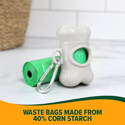 Arm & Hammer Dog Bone Shape Dog Poop Bag Dispenser With 30 Count Plant-Based Poop Bags With Activated Baking Soda; 9 x 14 Inches; White