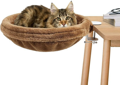 FAHKNS Large Cat Desk Bed-Supports Up to 50lbs, Soft Faux Fur Fabric, Adjustable Steel Frame,Sunken Hammock,Removable Soft Fluffy Cover（Brown）