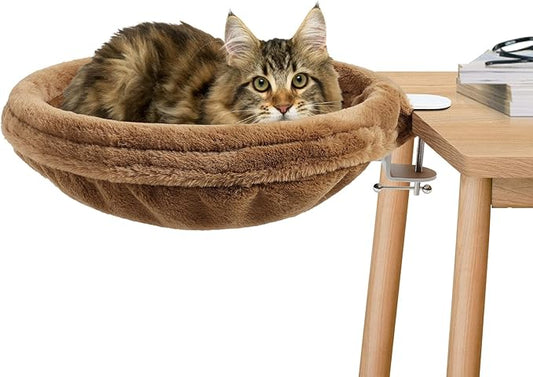 FAHKNS Large Cat Desk Bed-Supports Up to 50lbs, Soft Faux Fur Fabric, Adjustable Steel Frame,Sunken Hammock,Removable Soft Fluffy Cover（Brown）