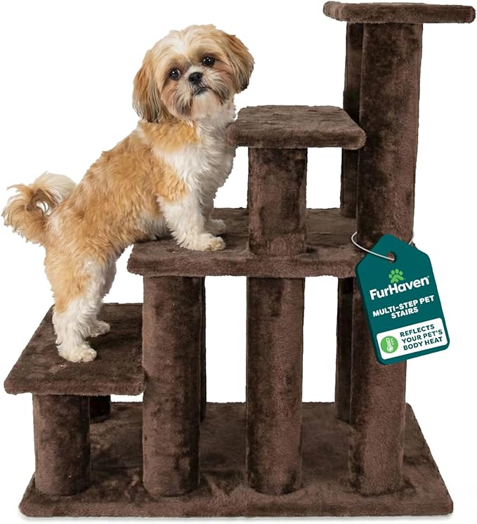 Furhaven Steady Paws Multi-Step Pet Stairs for High Beds & Sofas - Brown, 4-Step