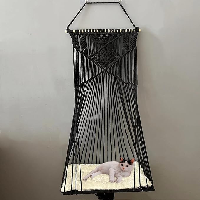 Macrame Hanging Cat Hammock Bed Cat Swing House Space Saving Window Perch with Washed Cotton Cats Toy Tassel Basket Tapestry (Black, Swing Bed+Cushion, XL)