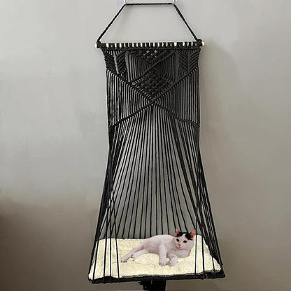 Macrame Hanging Cat Hammock Bed Cat Swing House Space Saving Window Perch with Washed Cotton Cats Toy Tassel Basket Tapestry (Black, Swing Bed+Cushion, XL)