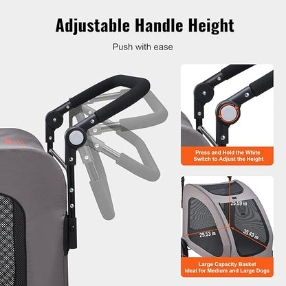 VEVOR Pet Stroller, 4 Wheels Dog Carrier with Brakes, 160lbs Weight Capacity, Portable Puppy Travel Strollers with Breathable Mesh Windows & Height-Adjustable, for Cats & Dogs