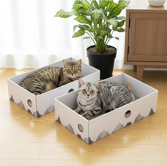 Cat Scratcher Box with 3-Layer Corrugated Pad, Heavy-Duty Double-Sided Cardboard Scratching Board & Bed, Checkered Design, for Cats, Large 2-Pack