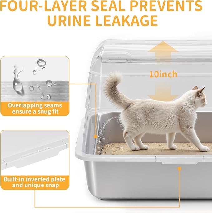Stainless Steel Litter Box - XL Extra Large Cat Litter Box with Lid, Enclosed Metal Litter Pan with High Sided Enclosure & Scoop, Anti Leakage, Easy to Clean, Odor Control (White)