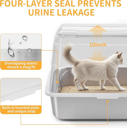 Stainless Steel Litter Box - XL Extra Large Cat Litter Box with Lid, Enclosed Metal Litter Pan with High Sided Enclosure & Scoop, Anti Leakage, Easy to Clean, Odor Control (White)