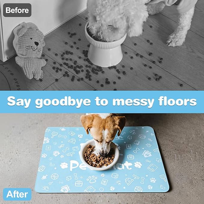 Pet Feeding Mat,Dog Cat Mat for Food and Water,Dog Bowl Waterproof Placemat with Rubber Backing,Absorbent Quick Dry Water Dispenser Mat for Pet（Blue 17"×29"）