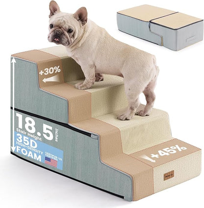 Gardner Pet Dog Stairs for Small Dogs 18.5" H, 4-Step Extra Wide Dog Steps for Bed, Pet Stairs for Bed and Couch with Durable Non-Slip Waterproof Fabric Cover and Soft Foam, Beige