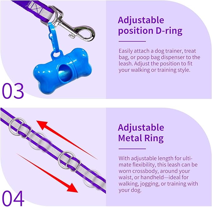 Hands Free Dog Leash, 4.2 FT - 9.5 FT Multifunctional Crossbody Waist Leash for Dogs Walking Reflective Running Dog Leashs for Medium and Large Dogs Walking,Jogging,Running,Training (Purple)