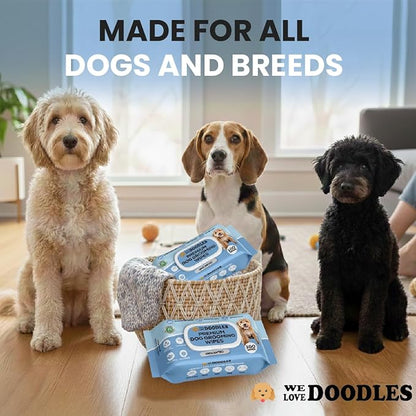 We Love Doodles Dog Wipes - Deodorizing & Cleaning Pet Wipes, for Coat, Face, Paws, Butt, & Body, Dog Essentials & Grooming Supplies, Made in USA, Unscented (100 Count)