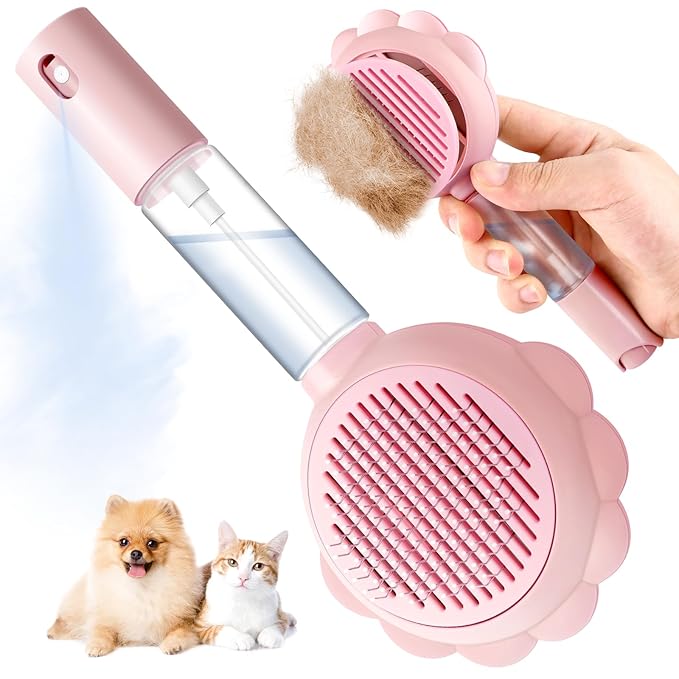 Cat Hair Brush for Shedding, 3-in-1 Pet Spray Hair Removal Comb with Visual Spray & Release Button, Waterproof Dog Grooming Brush for Furry Pet (Pink)