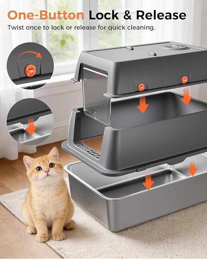 GTPLAYER XXL Stainless Steel Cat Litter Box with Lid, High Sided Enclosed Covered Litterbox, Activated Carbon Odor Control, Extra Large Metal Cat Box, Non-Stick, with Mat & Scoop, Grey