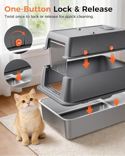 GTPLAYER XXL Stainless Steel Cat Litter Box with Lid, High Sided Enclosed Covered Litterbox, Activated Carbon Odor Control, Extra Large Metal Cat Box, Non-Stick, with Mat & Scoop, Grey