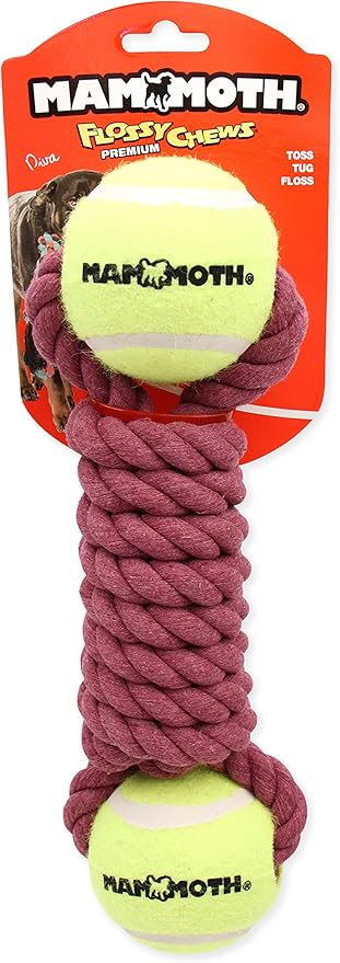 Mammoth Flossy Chews Twister Rope Toy with Tennis Balls Premium Cotton-Poly Tug Toy for Dogs Interactive Dog Tug Toy Rope Dog Toy with Tennis Balls for Medium to Large Dogs Large 13" Assorted Colors