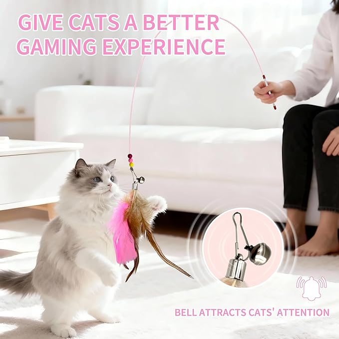 Cat Toys for Cats, Pink Teaser Wand with Natural Feathers, Interactive Toy with Replaceable Feather Head for Multi-Cat Homes, Perfect for Exercising, Training, and Preventing Furniture Damage