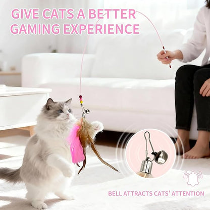 Cat Toys for Cats, Pink Teaser Wand with Natural Feathers, Interactive Toy with Replaceable Feather Head for Multi-Cat Homes, Perfect for Exercising, Training, and Preventing Furniture Damage