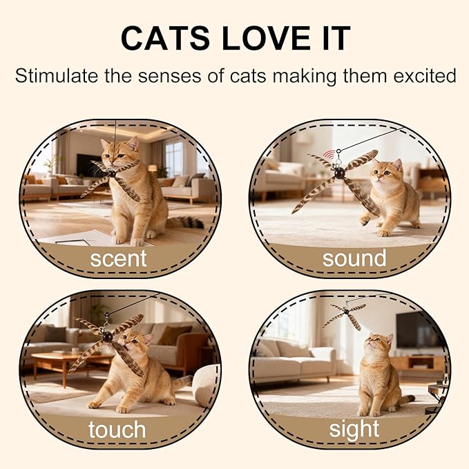 Cat Wand Toys Interactive for Indoor Cats, 4PC 4-Blade Feather Propeller Refills (Wild-Style Brown)