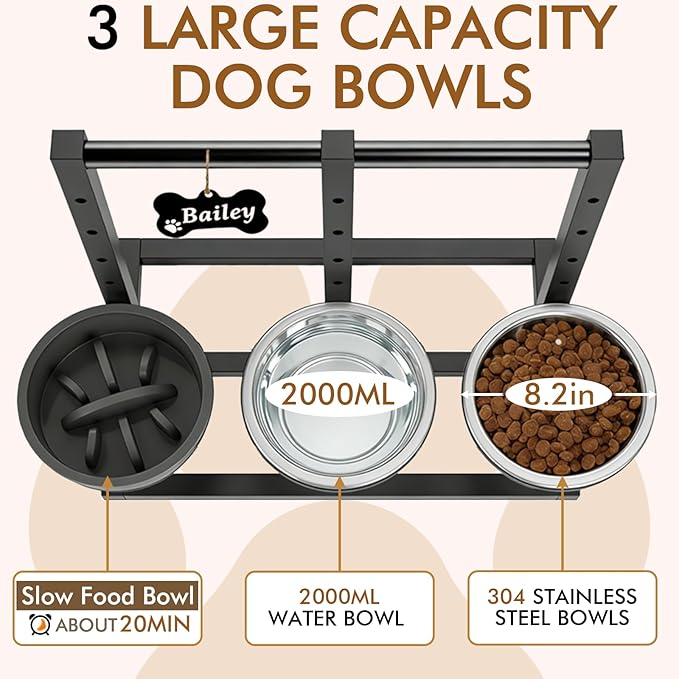 Elevated Dog Bowls Stand for Medium Large Dogs, 5 Adjustable Height Metal Raised Dog Bowl Stand 3 Food Water Bowls and Slow Feeder Bowl with Non-Slip Feet