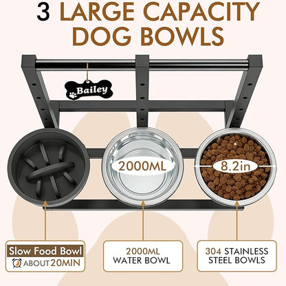 Elevated Dog Bowls Stand for Medium Large Dogs, 5 Adjustable Height Metal Raised Dog Bowl Stand 3 Food Water Bowls and Slow Feeder Bowl with Non-Slip Feet