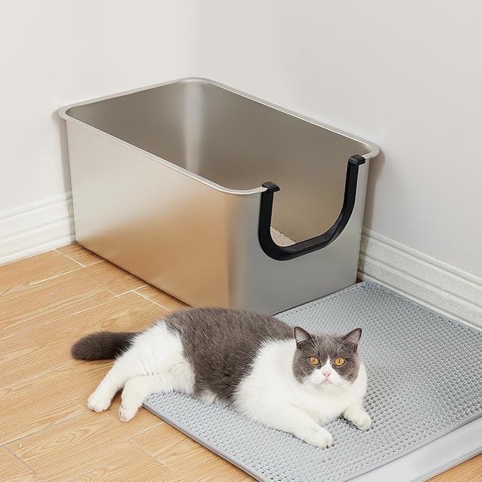 Yangbaga Extra Large Stainless Steel Litter Box, Leak Proof 12 Inches High Sides for Urine & Litter Trapping, Corner Litter Box for Kittens, Older Cats,Non-Stick,Non-Slip,No Sharp Edges