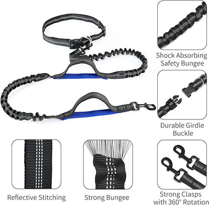 Hands Free Dog Leash with Zipper Pouch, Retractable Bungee Waist Leash with Dual Padded Handles & Waist Belt Fanny Pack for Medium & Large Dog Training Walking Running Hiking Jogging (Blue)