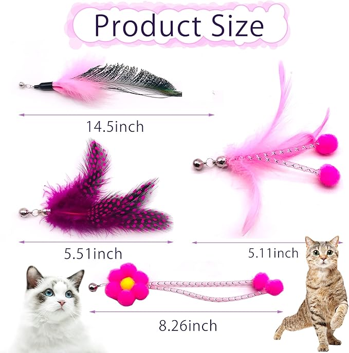 12pcs Cat Feather Toy Replacement for Wand Kitten Toys Interactive Training Bell Inside Playing Gift for Chasing Jumping Exercise Refill Feathers Toy (Pink+Rosepink)