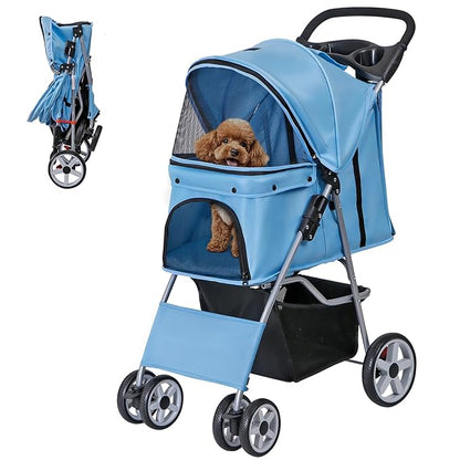 ZENY Foldable Pet Stroller, Cat/Dog Stroller with 4 Wheel, Pet Travel Carrier Strolling Cart with Storage Basket, Cup Holder (Blue)
