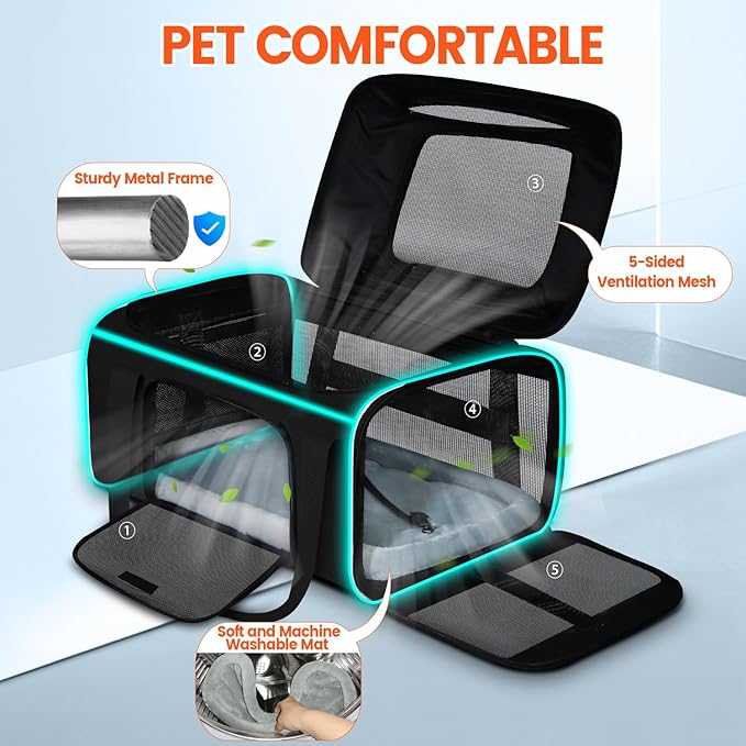 Petskd Top-Expandable Small Pet Carrier with Wheels (17" L x 12" W x 8.5" H), JetBlue/Allegiant/Spirit Airlines Approved, Rolling Pet Carrier for Small Dogs & Cats (Black)