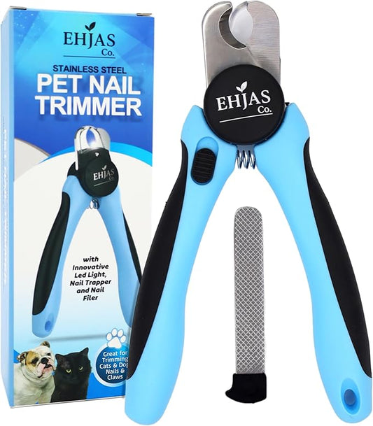 Dog Nail Clippers with LED Light & Quick Sensor, Pet Nail Trimmer with Safety Guard, Nail Catcher & Filer, Professonal Grooming Clippers for Dogs & Cats (Blue)