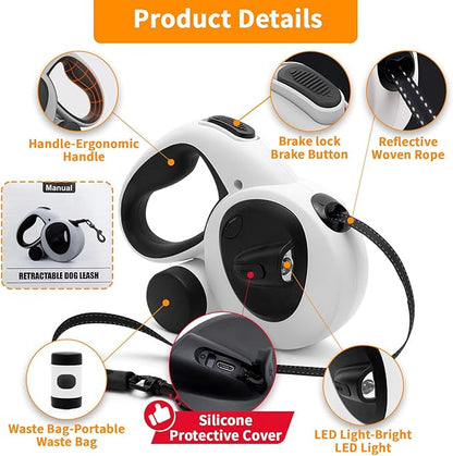 Retractable Dog Leash with USB Rechargeable LED Light, 16 ft Heavy Duty Dog Lead with Poop Bag Holder & Chew Proof Cable, Leash for Small Medium Large Dogs, White