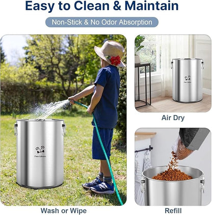 2PK 25 Lbs total 50 Lbs Stainless Steel Dog Food Storage Container with Airtight Wooden Lid & Ceramic Bone Handle, Large Metal Dog Food Bin for Dogs & Cats
